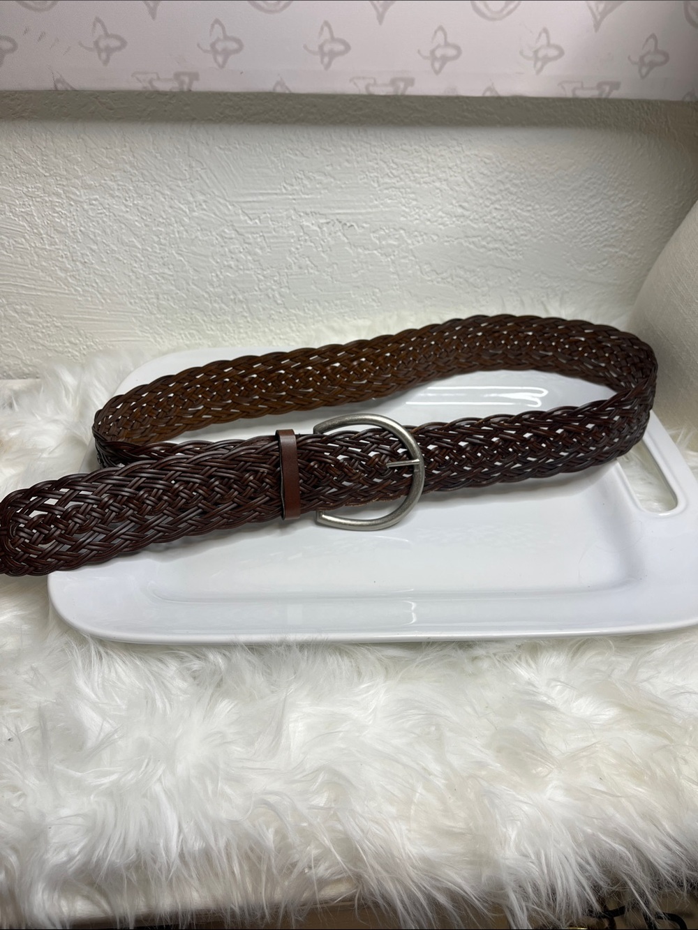 Lane Bryant Braided Leather Belt with Round Silver Buckle - Chestnut Brown